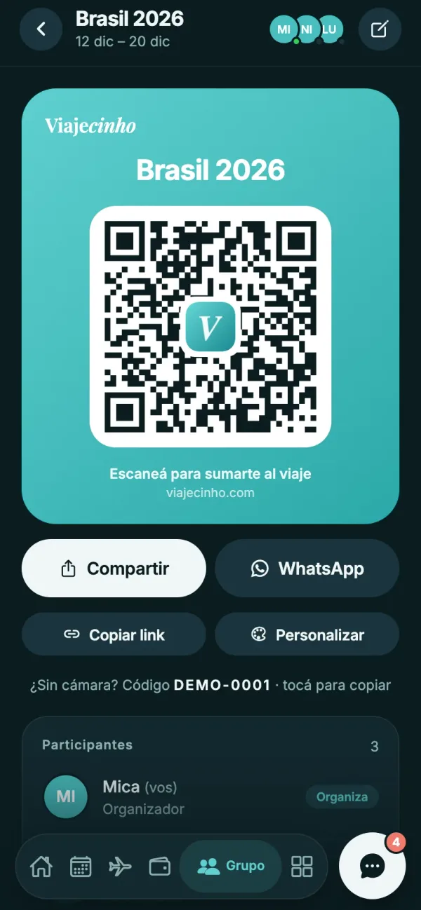 Pase de invitación con el código QR para unirse al viaje
