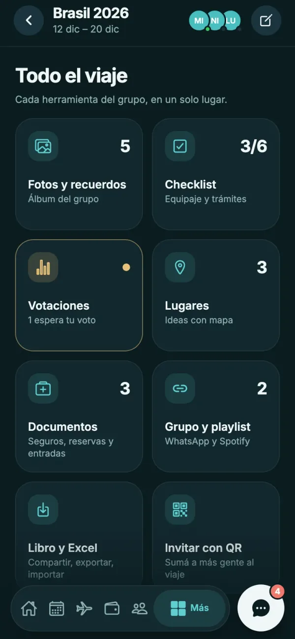 Pestaña Más con fotos, checklist, votaciones, lugares y documentos